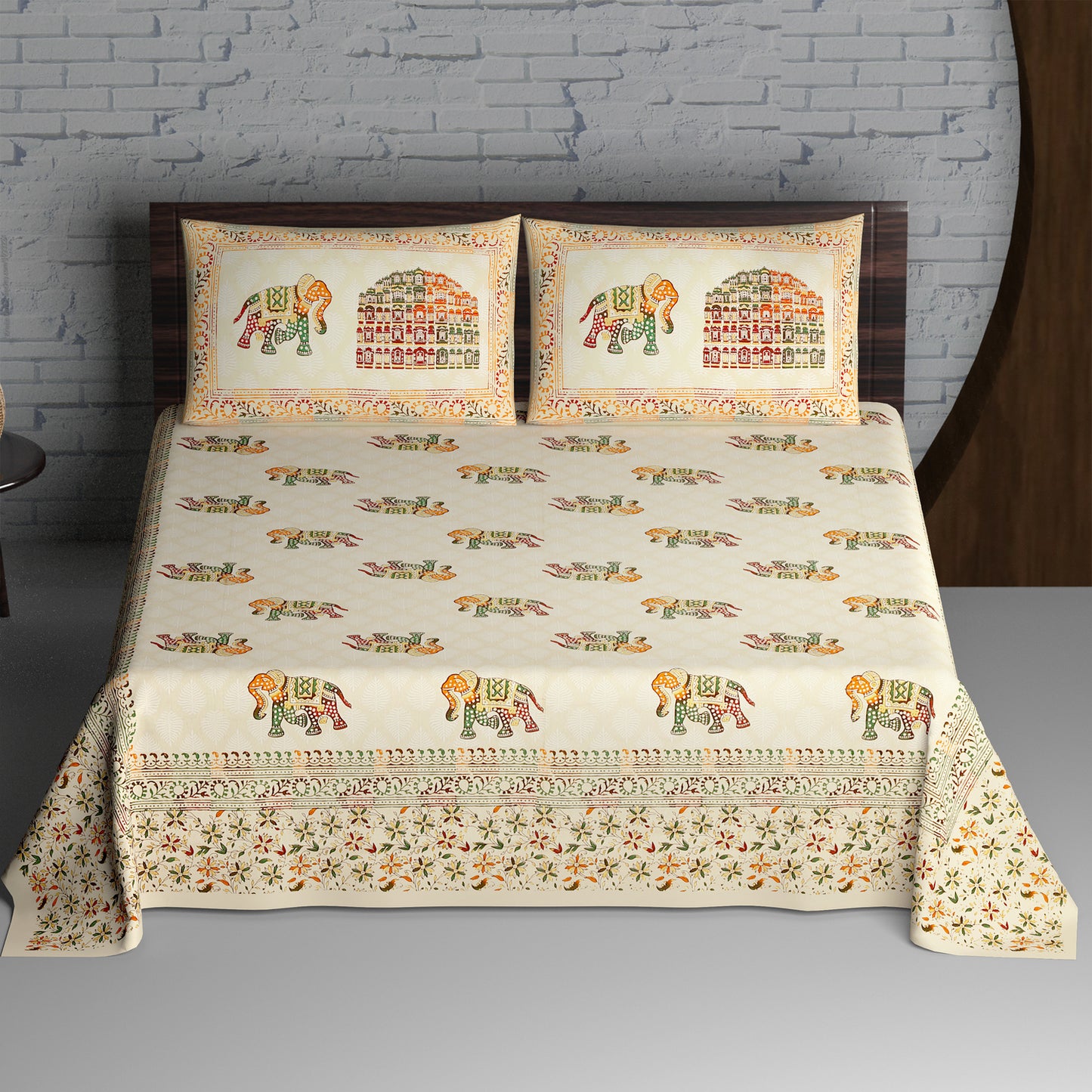 Multicolour Elephant and Floral Jaal Print Cotton Double Bedsheet