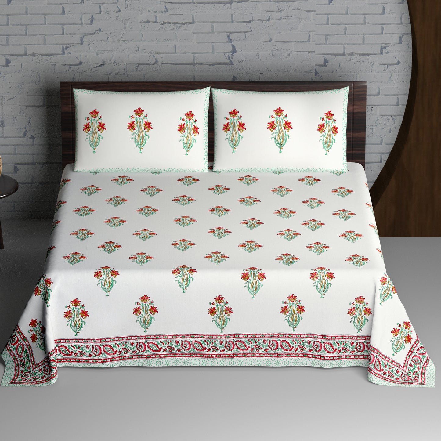 Pink and Green Mughal Floral Motif Hand Block Print Cotton Double Bedsheet