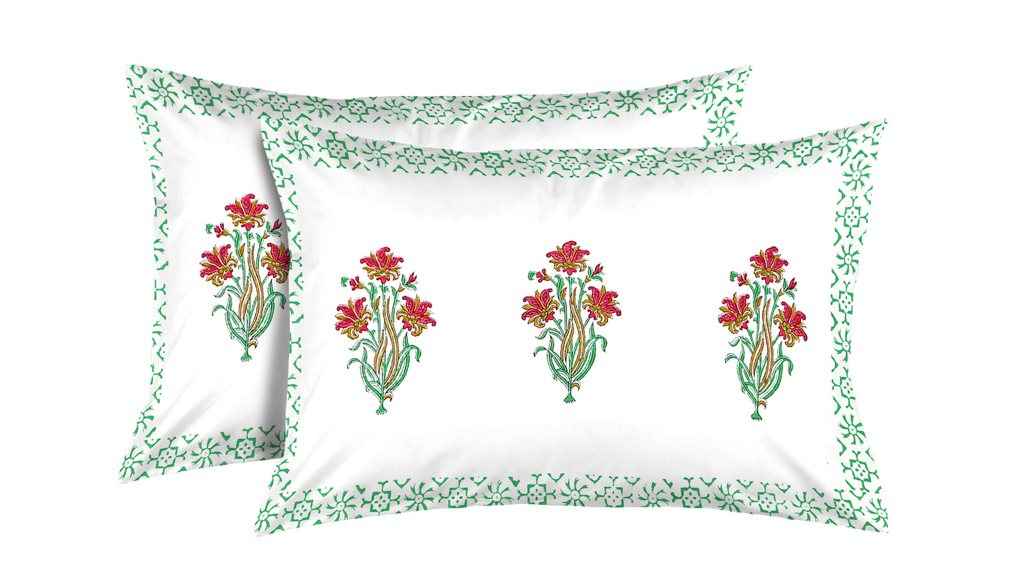 Pink and Green Mughal Floral Motif Hand Block Print Cotton Double Bedsheet