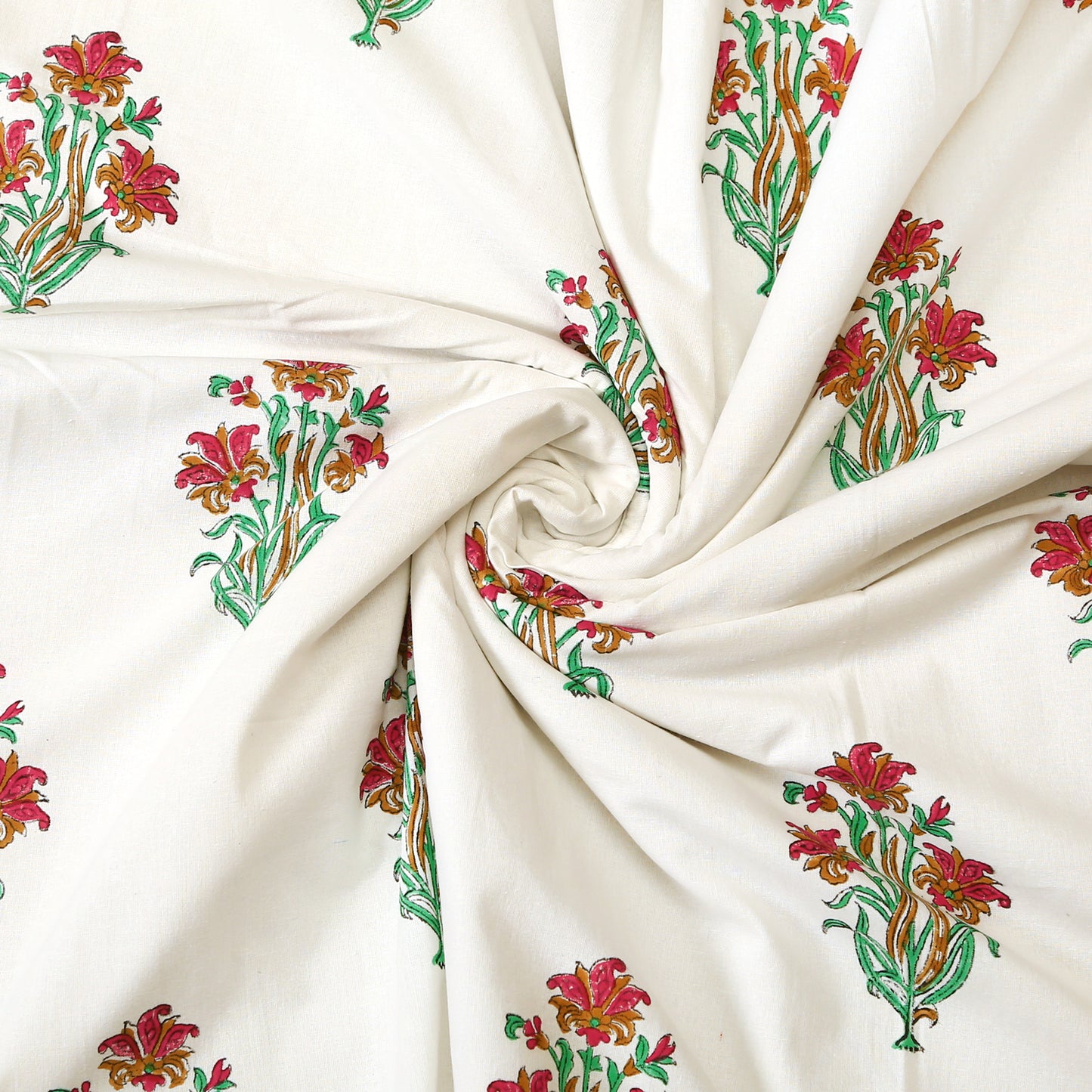 Pink and Green Mughal Floral Motif Hand Block Print Cotton Double Bedsheet