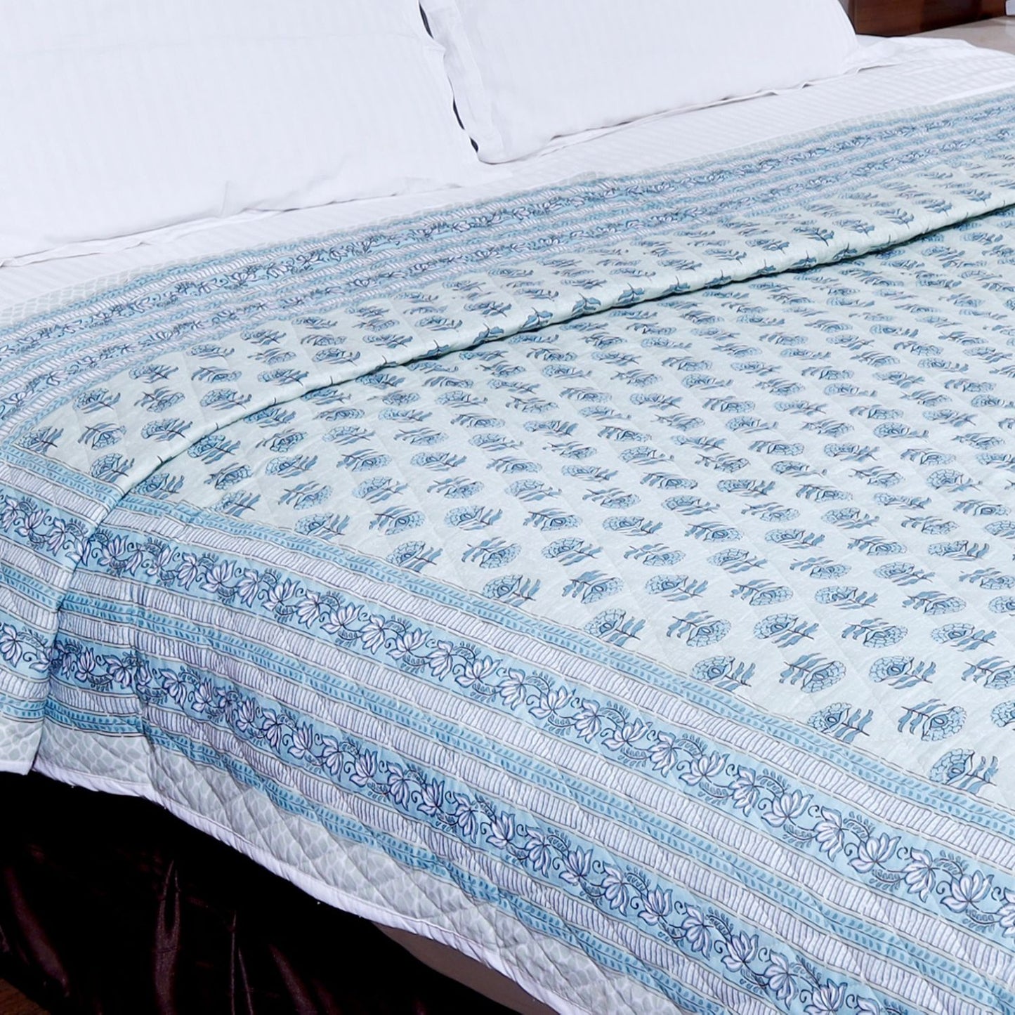 Aqua Green Marigold Motif Hand Screen Printed Cotton Sheet Double bed AC Comforter