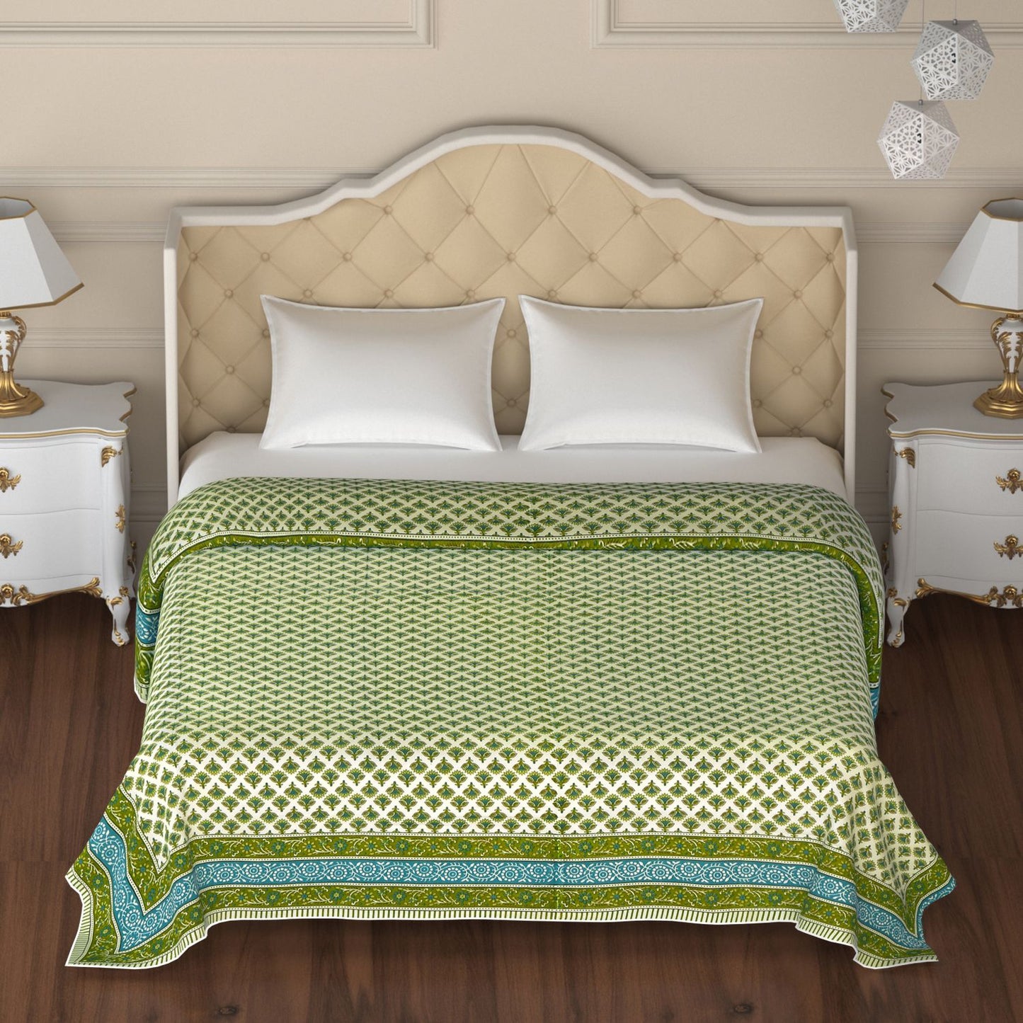 Green Floral Booty Hand Screen Print Double Bed AC Dohar