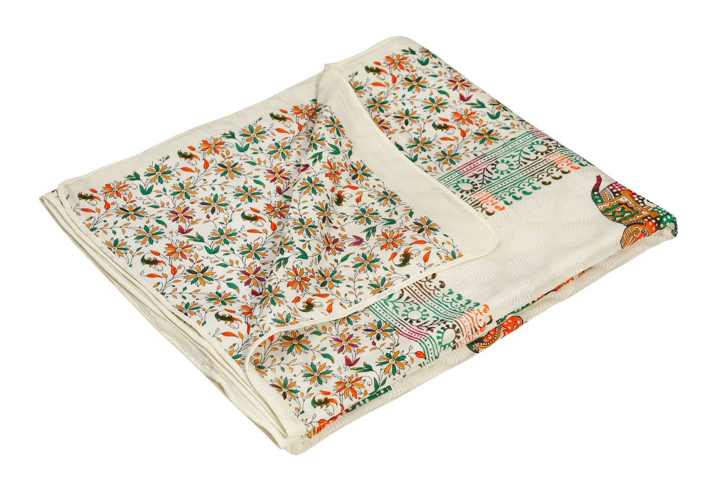 Multicolour Gold Printed Elephant and Floral Jaal Hand Screen Printed Double Bed AC Dohar