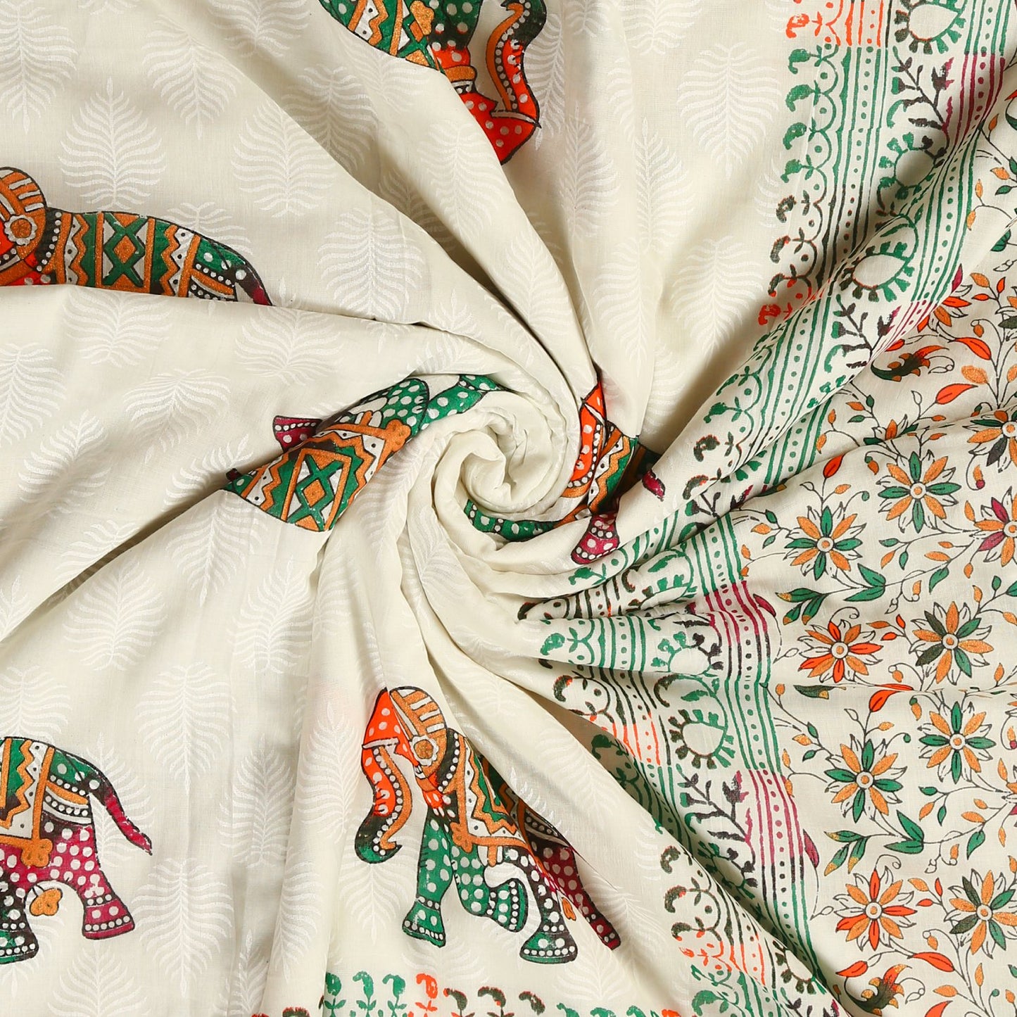 Multicolour Gold Printed Elephant and Floral Jaal Hand Screen Printed Double Bed AC Dohar