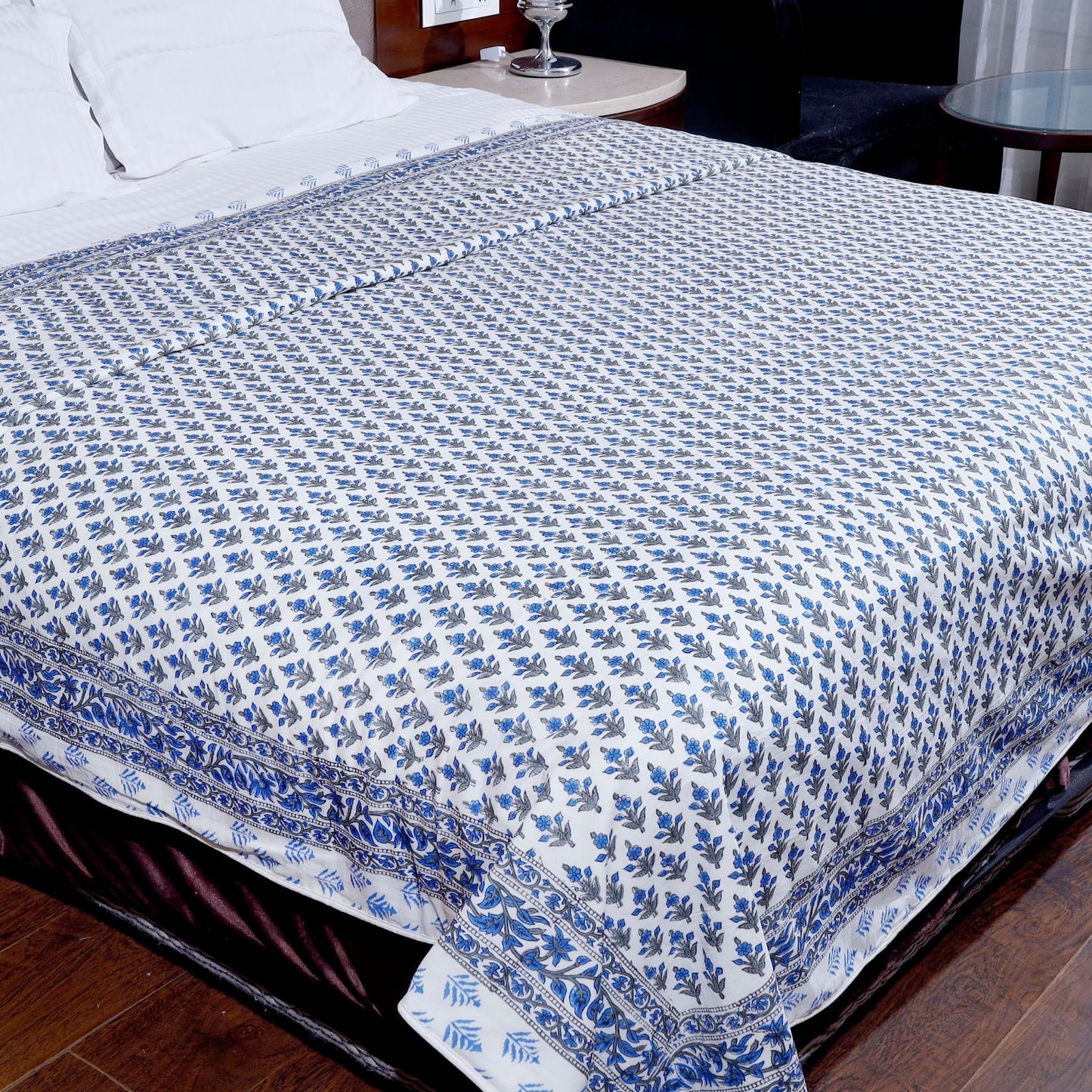 Blue and Grey Mughal Floral Motif Hand Block Printed Double Bed AC Dohar