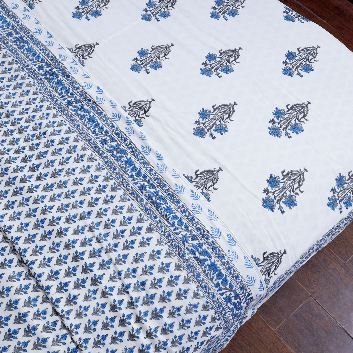 Blue and Grey Mughal Floral Motif Hand Block Printed Double Bed AC Dohar