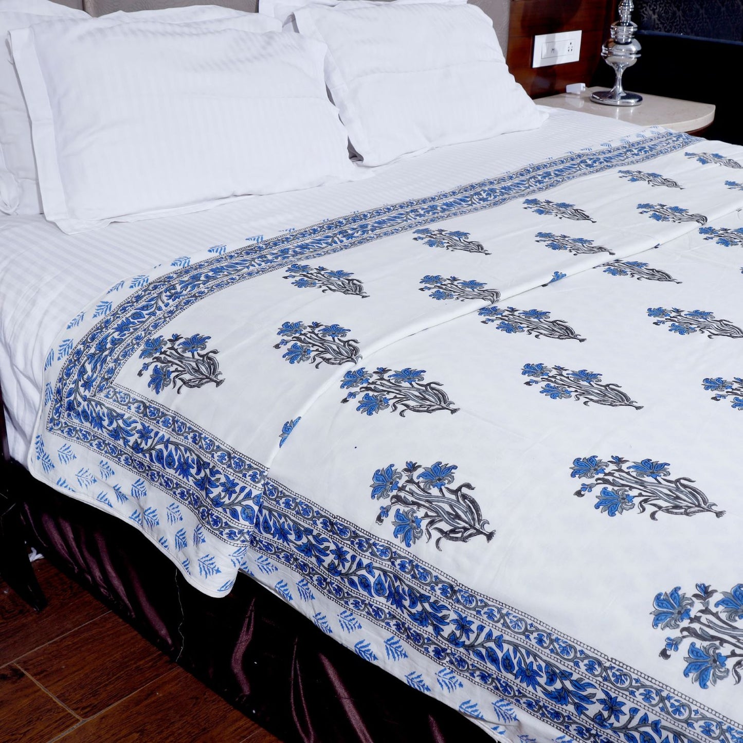 Blue and Grey Mughal Floral Motif Hand Block Printed Double Bed AC Dohar