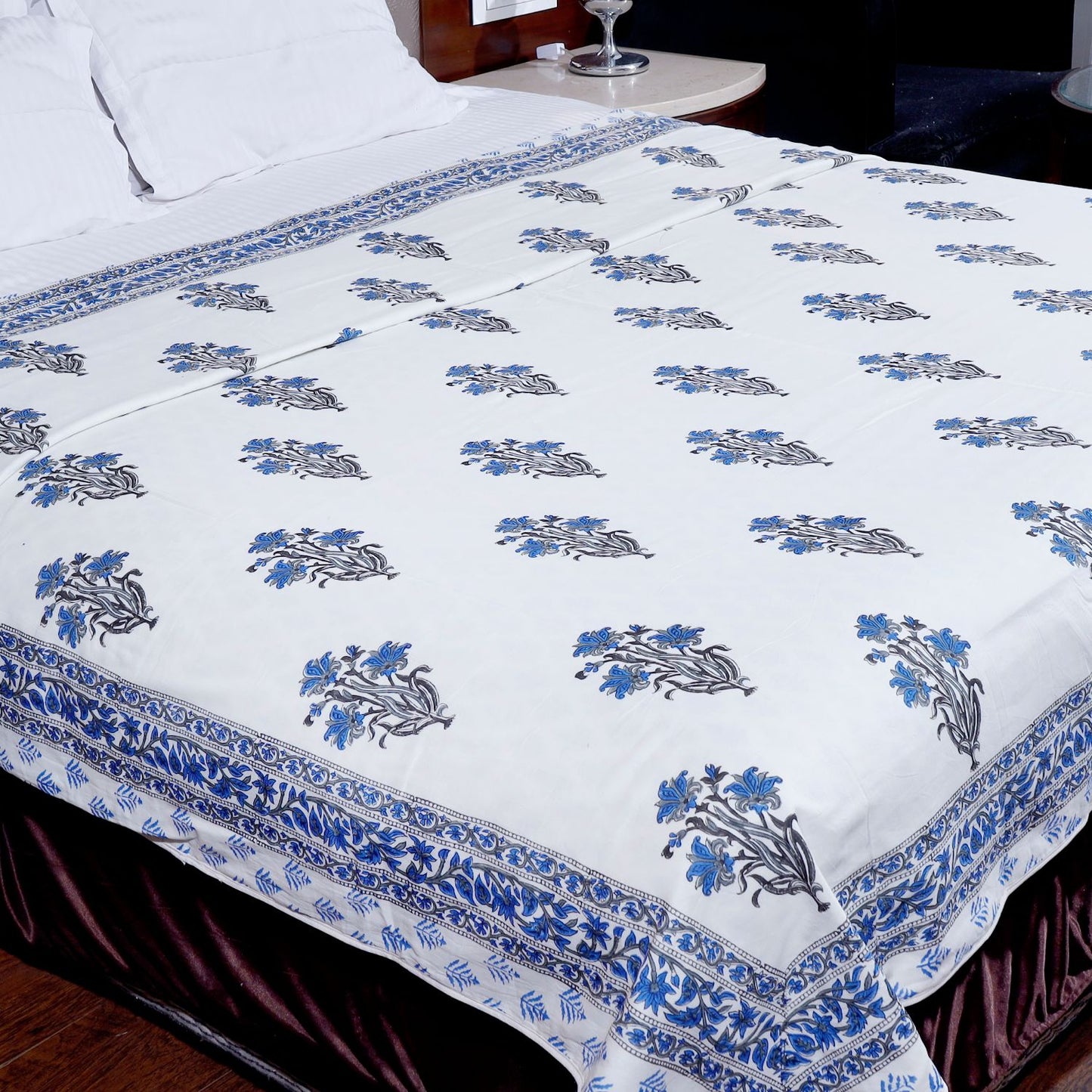 Blue and Grey Mughal Floral Motif Hand Block Printed Double Bed AC Dohar