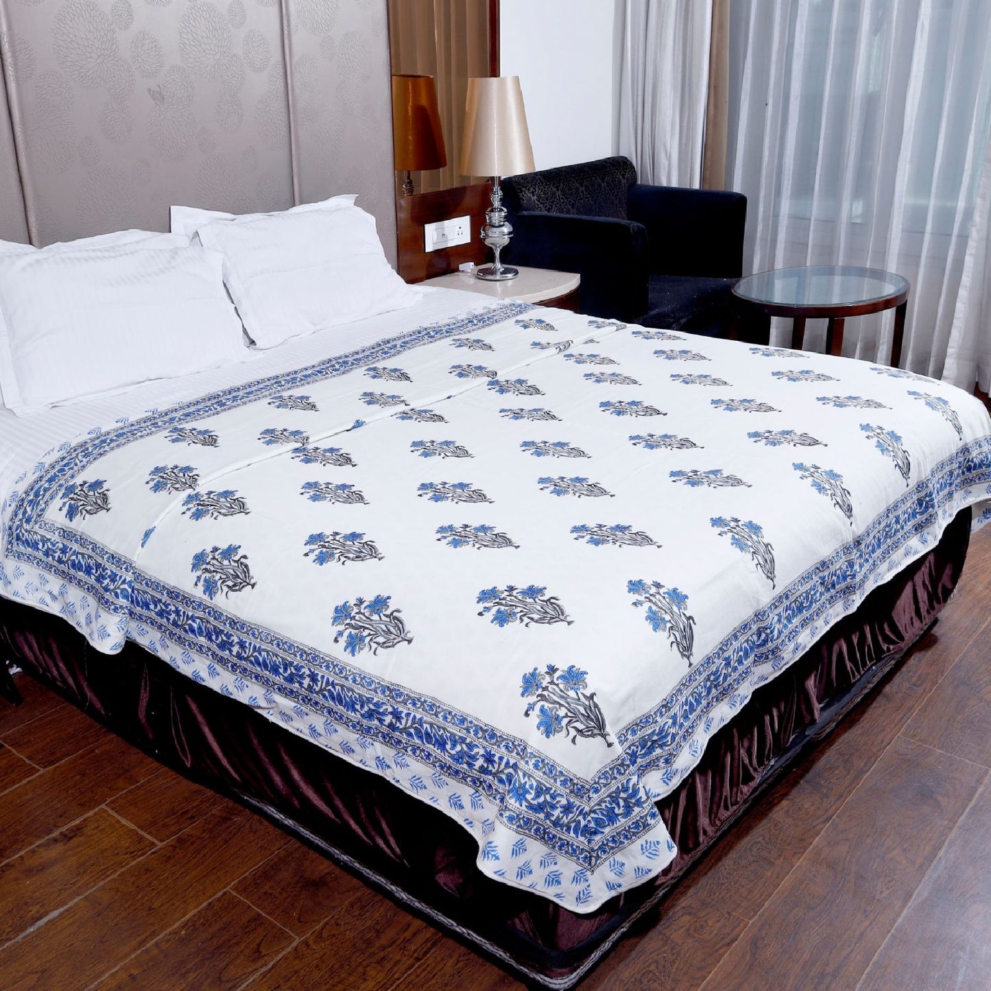 Blue and Grey Mughal Floral Motif Hand Block Printed Double Bed AC Dohar
