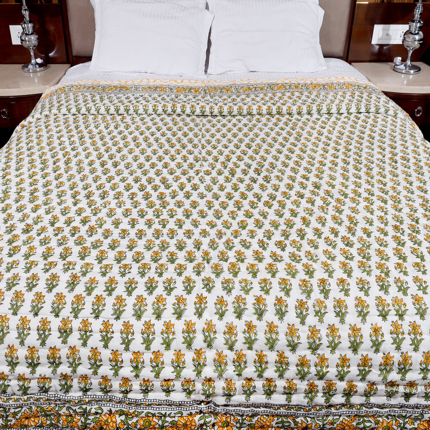 Yellow and Green Dafodill Flower Bootie Hand Block Print Cotton Mulmul Double Bed AC Quilt