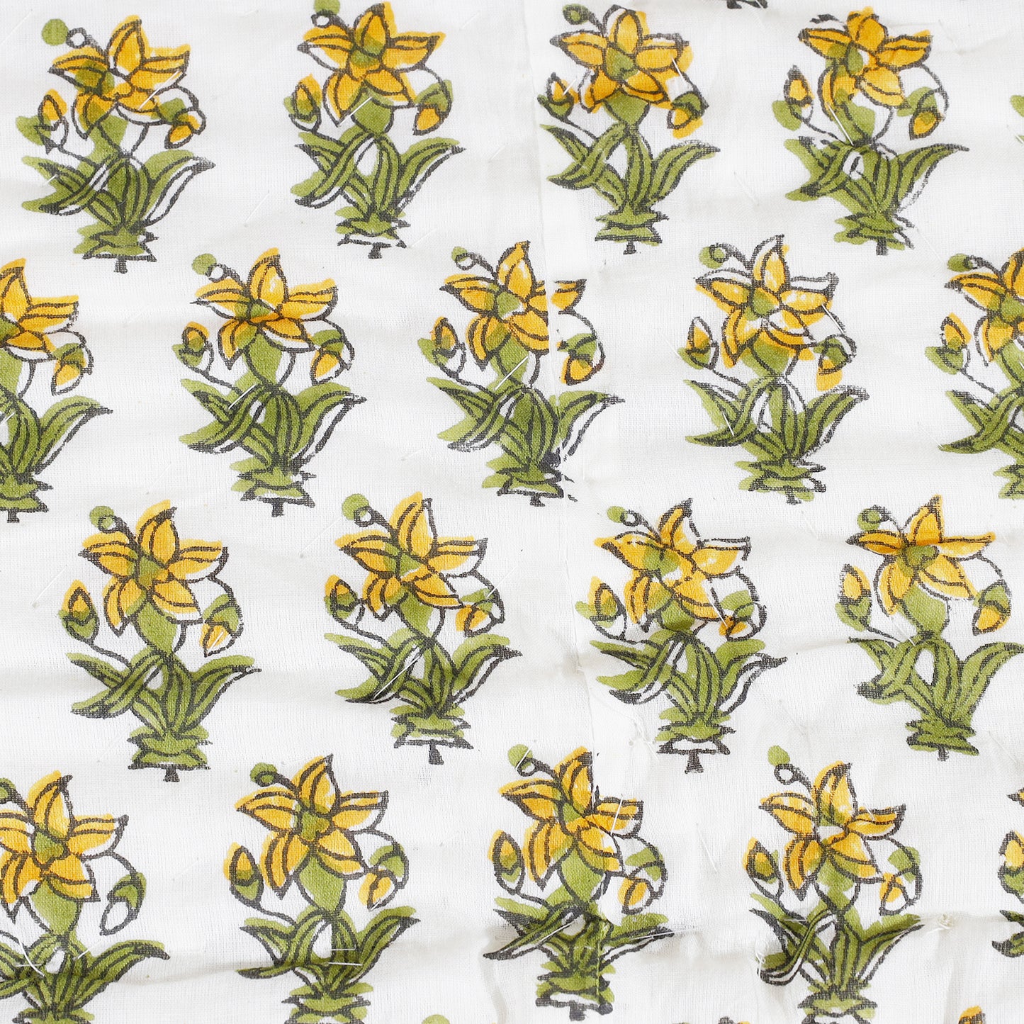 Yellow and Green Dafodill Flower Bootie Hand Block Print Cotton Mulmul Double Bed AC Quilt