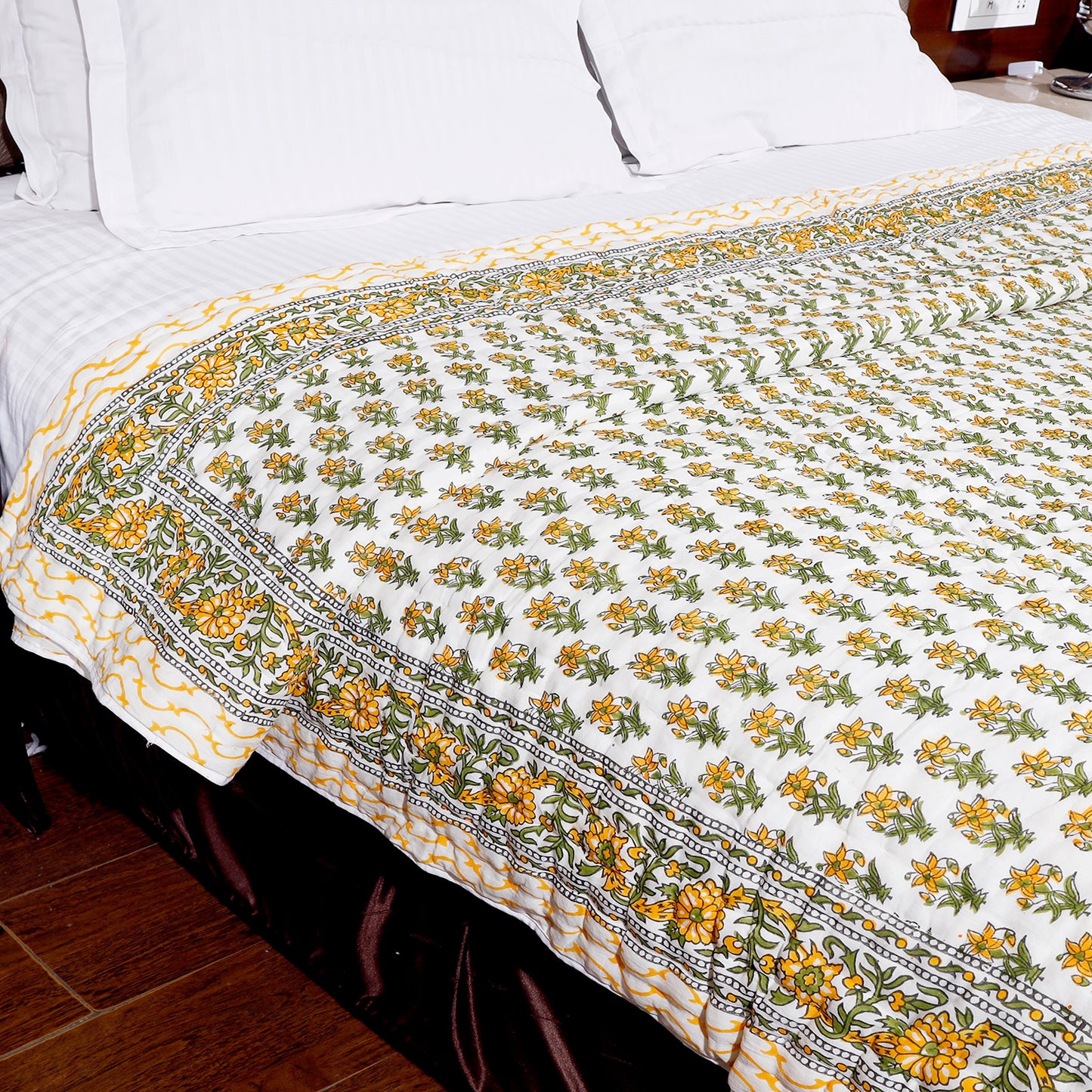 Yellow and Green Dafodill Flower Bootie Hand Block Print Cotton Mulmul Double Bed AC Quilt