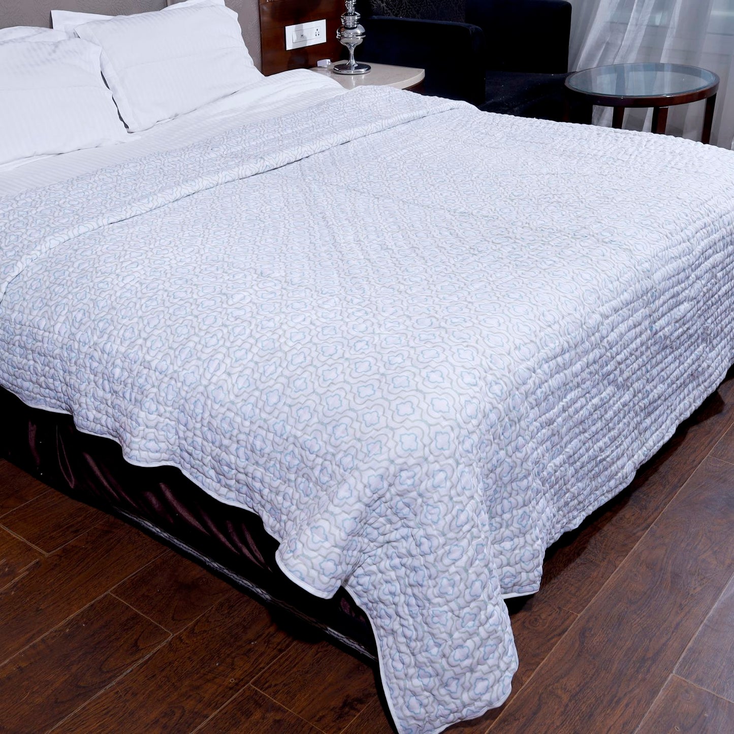 Aqua Green Marigold Motif Hand Screen Printed Cotton Double bed AC Quilt