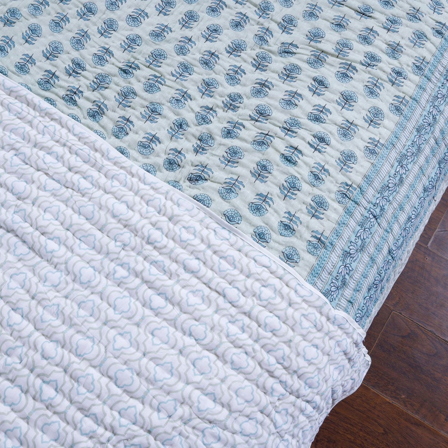 Aqua Green Marigold Motif Hand Screen Printed Cotton Double bed AC Quilt
