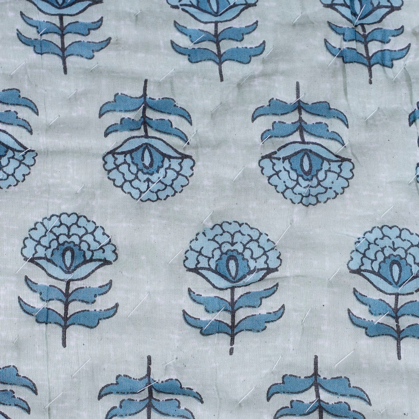 Aqua Green Marigold Motif Hand Screen Printed Cotton Double bed AC Quilt