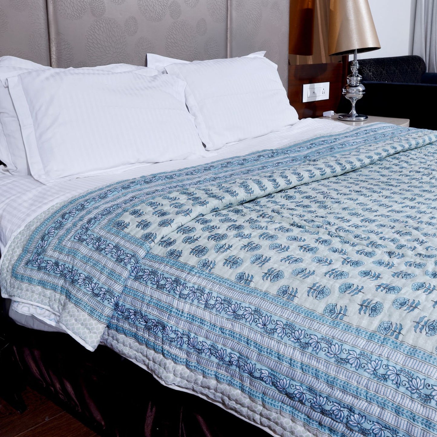 Aqua Green Marigold Motif Hand Screen Printed Cotton Double bed AC Quilt