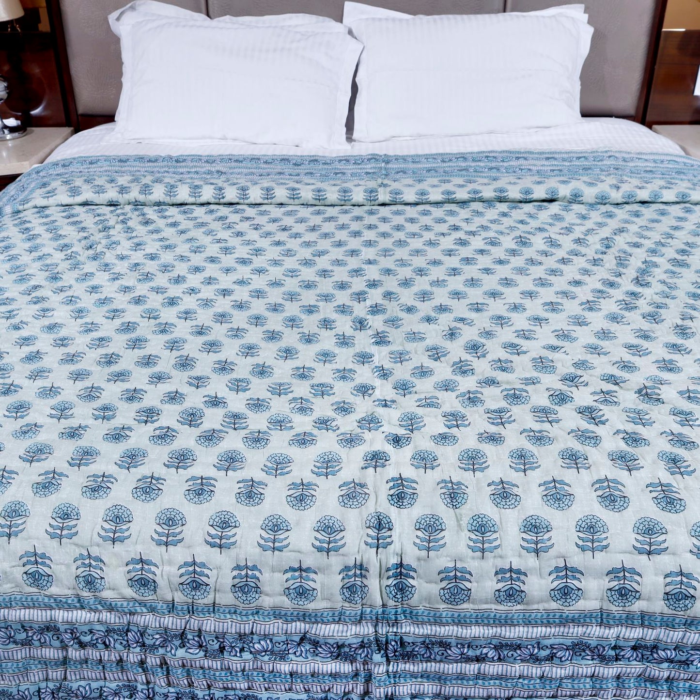 Aqua Green Marigold Motif Hand Screen Printed Cotton Double bed AC Quilt