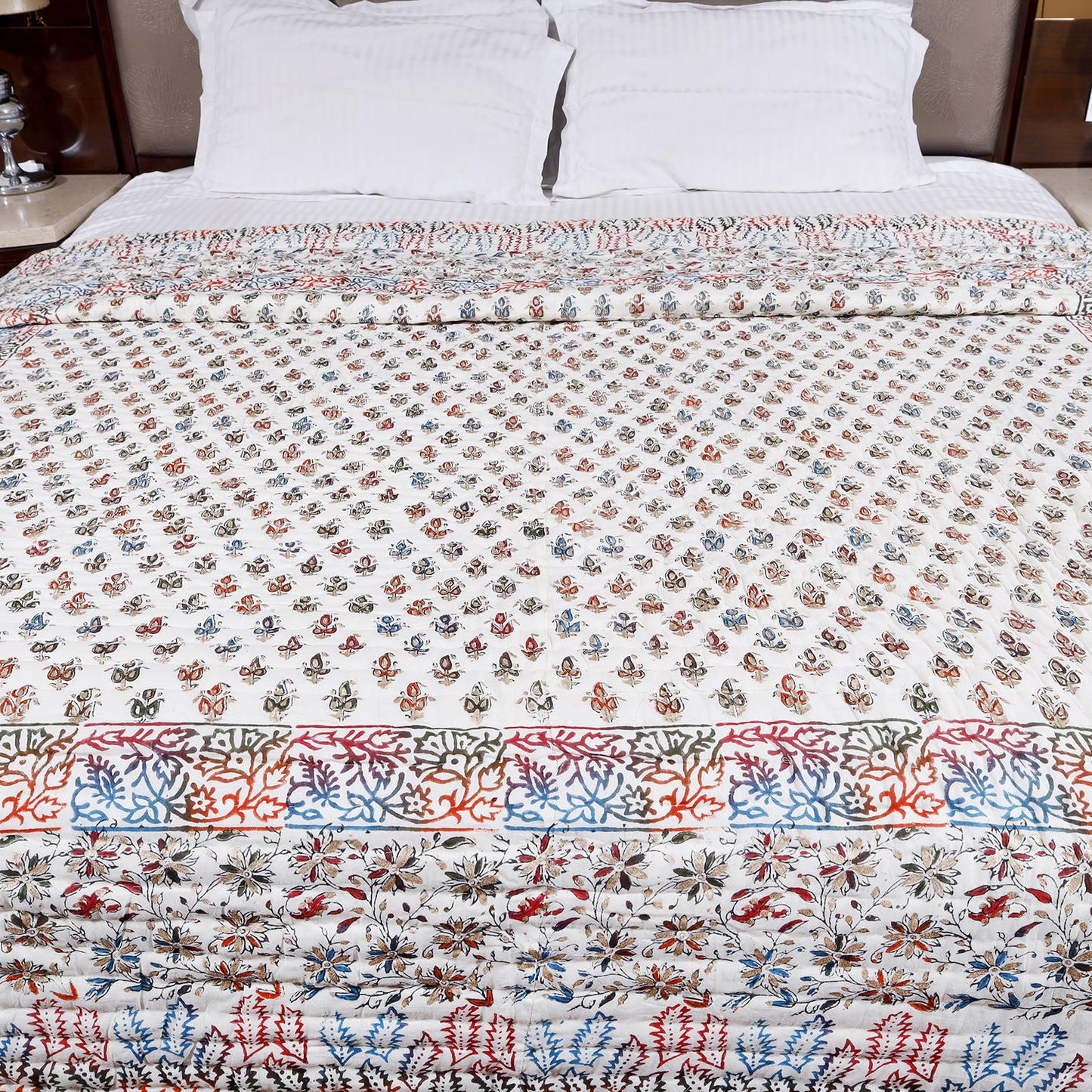 Multicolour Gold Bootie Hand Block Print Cotton Mulmul Double Bed AC Quilt