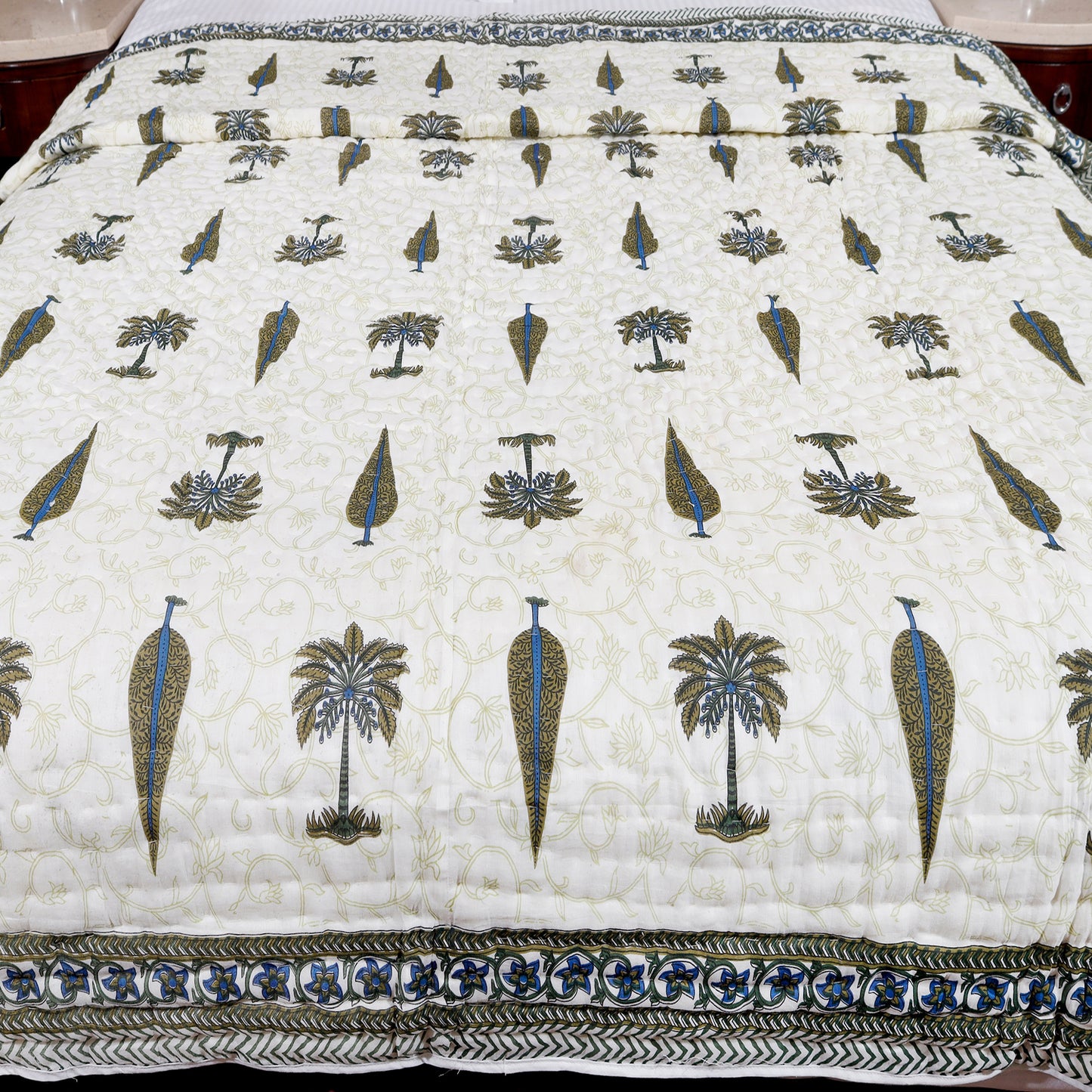 Olive Green Palm Tree and Intricate leaf Print Double Bed AC Quilt