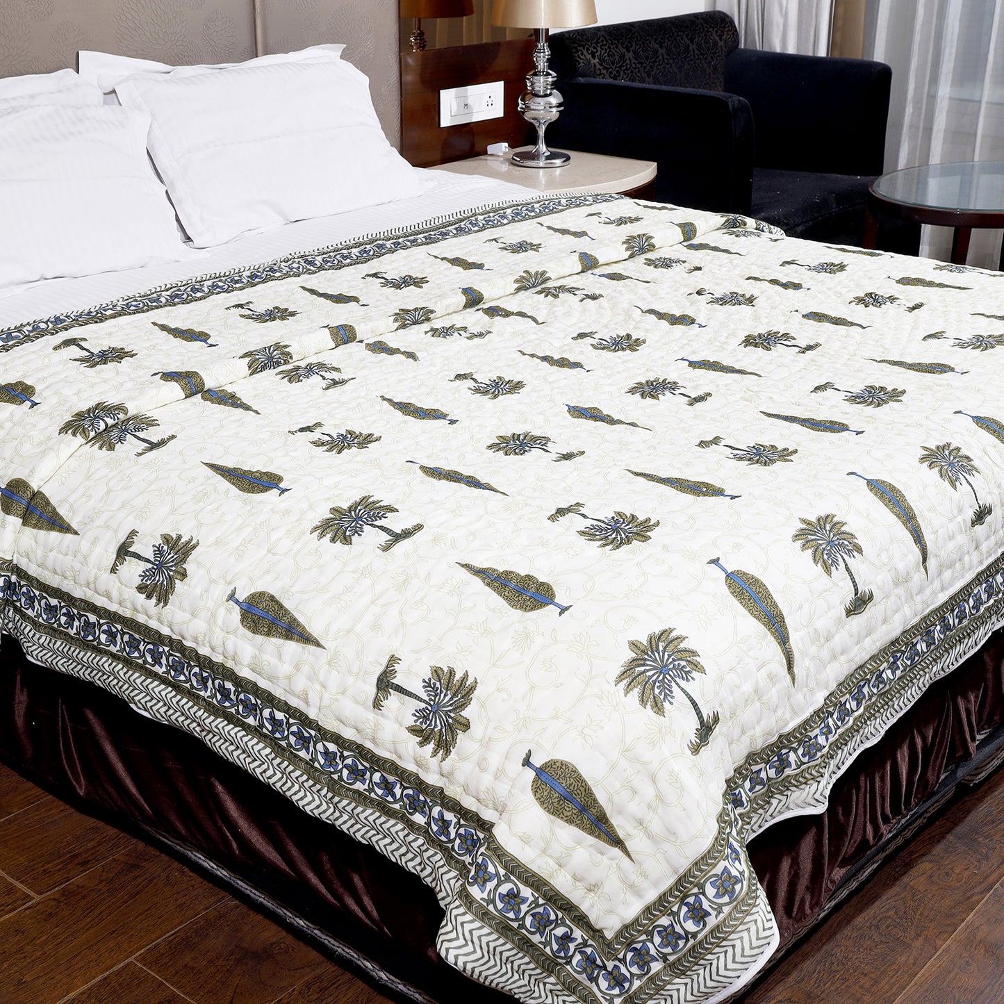 Olive Green Palm Tree and Intricate leaf Print Double Bed AC Quilt