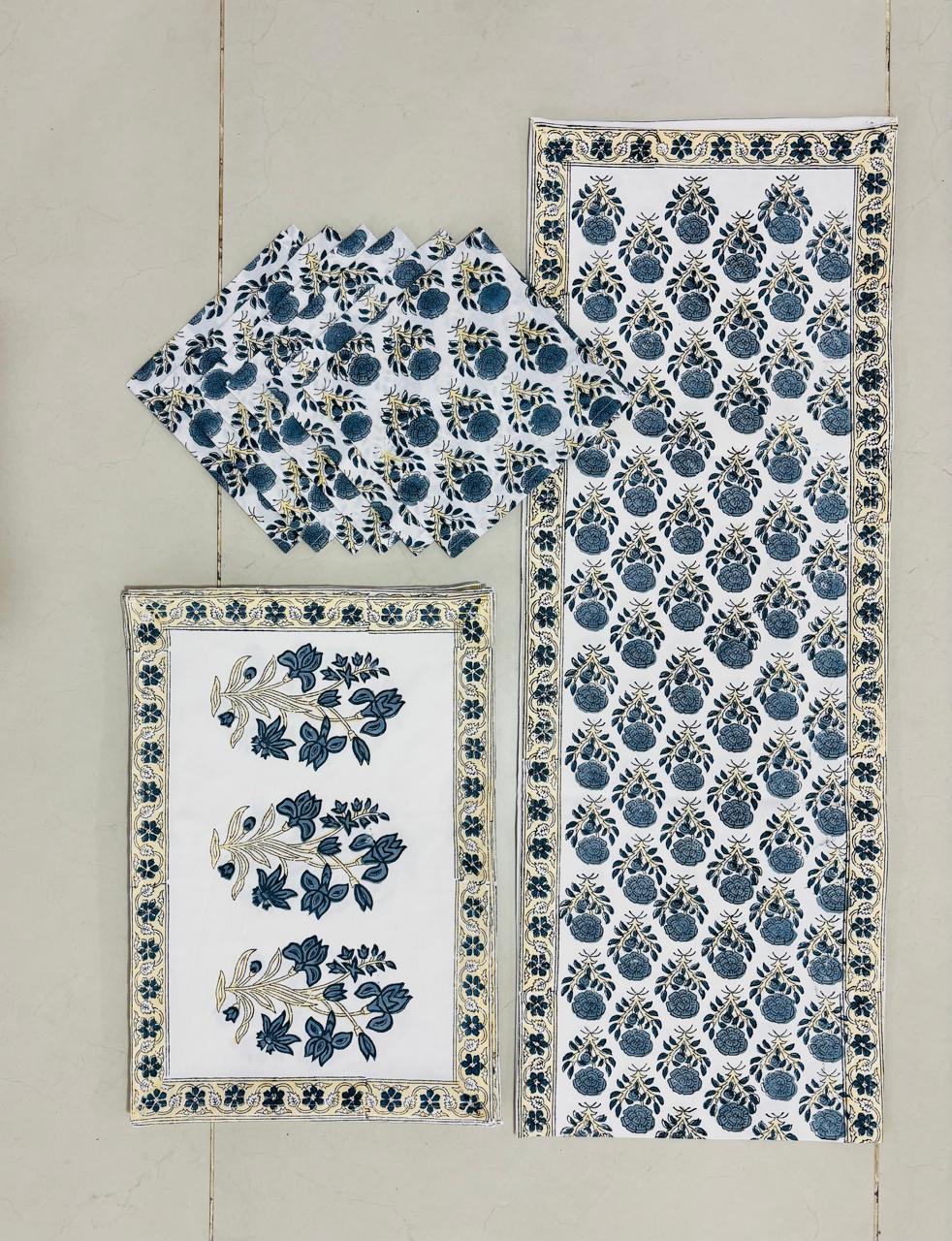 Blue Motif Hand Block Print Dining Set 6 Seater