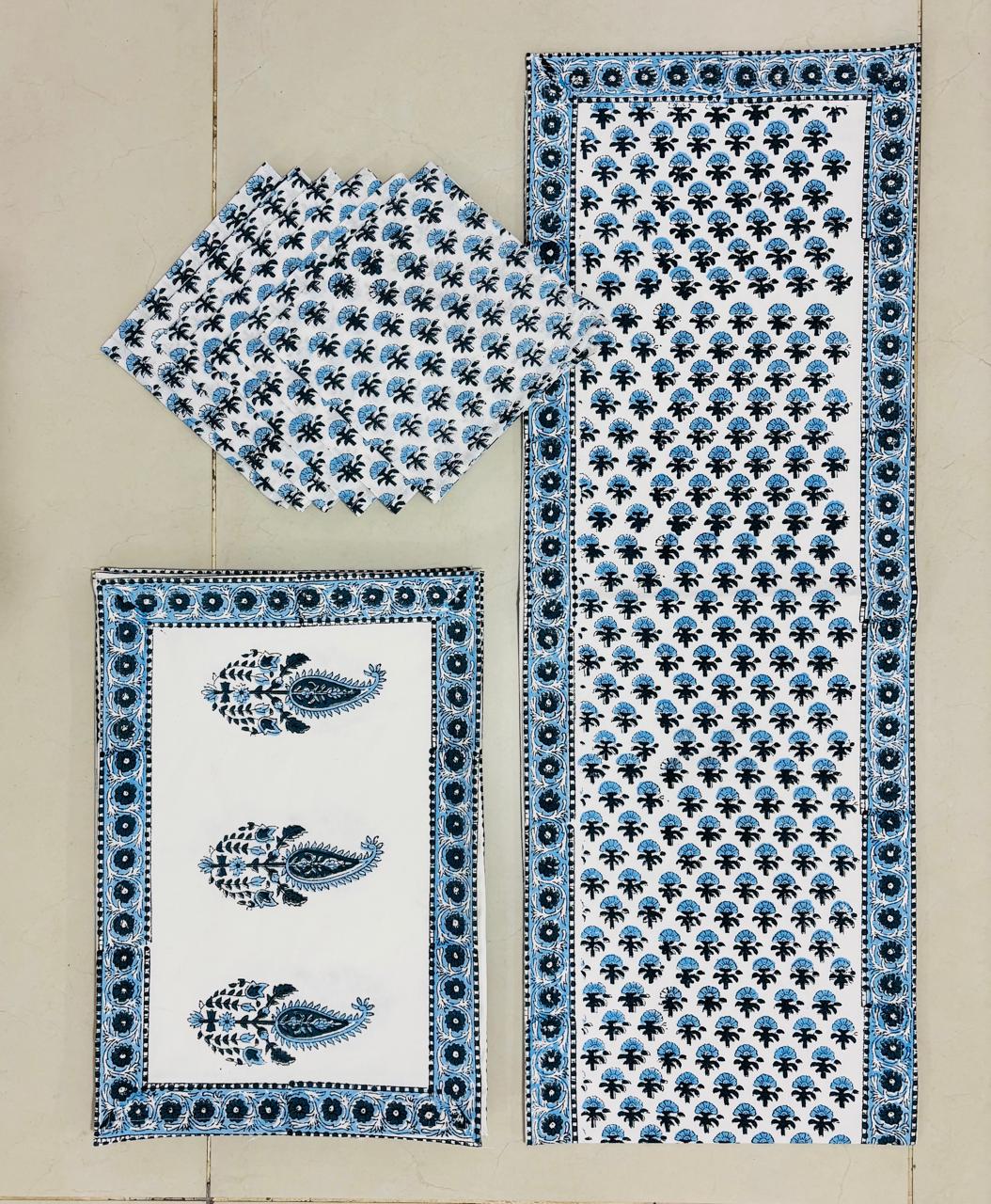 Blue Motif Hand Block Print Dining Set 6 Seater