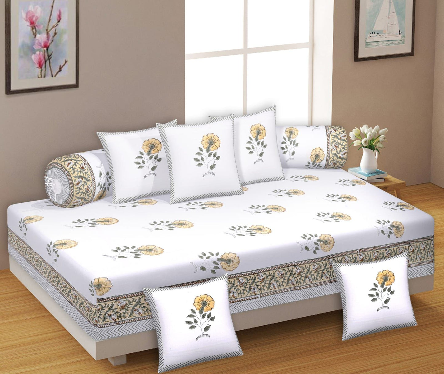 Yellow Floral Motif Hand Block Print Dewan Set