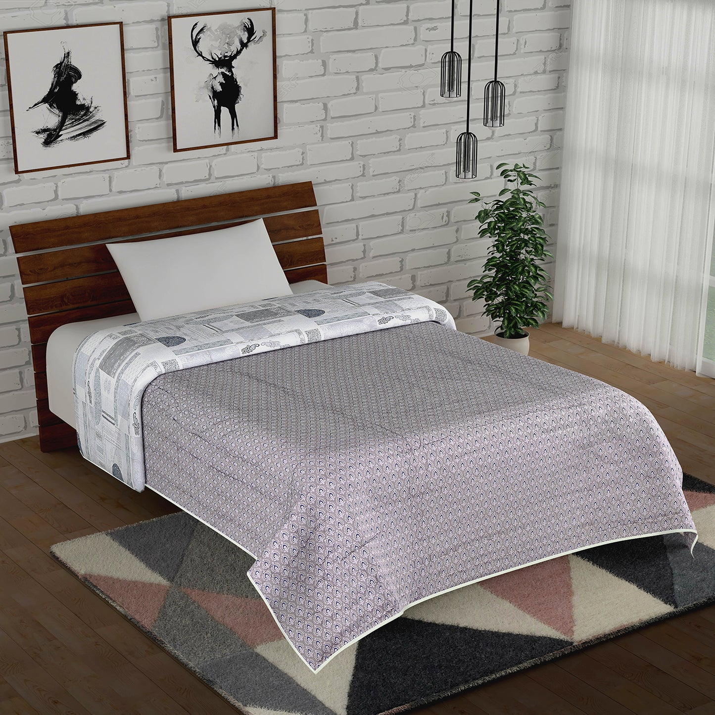 Grey and Blue Geometric Abstract Print Cotton Single Bed AC Quilt