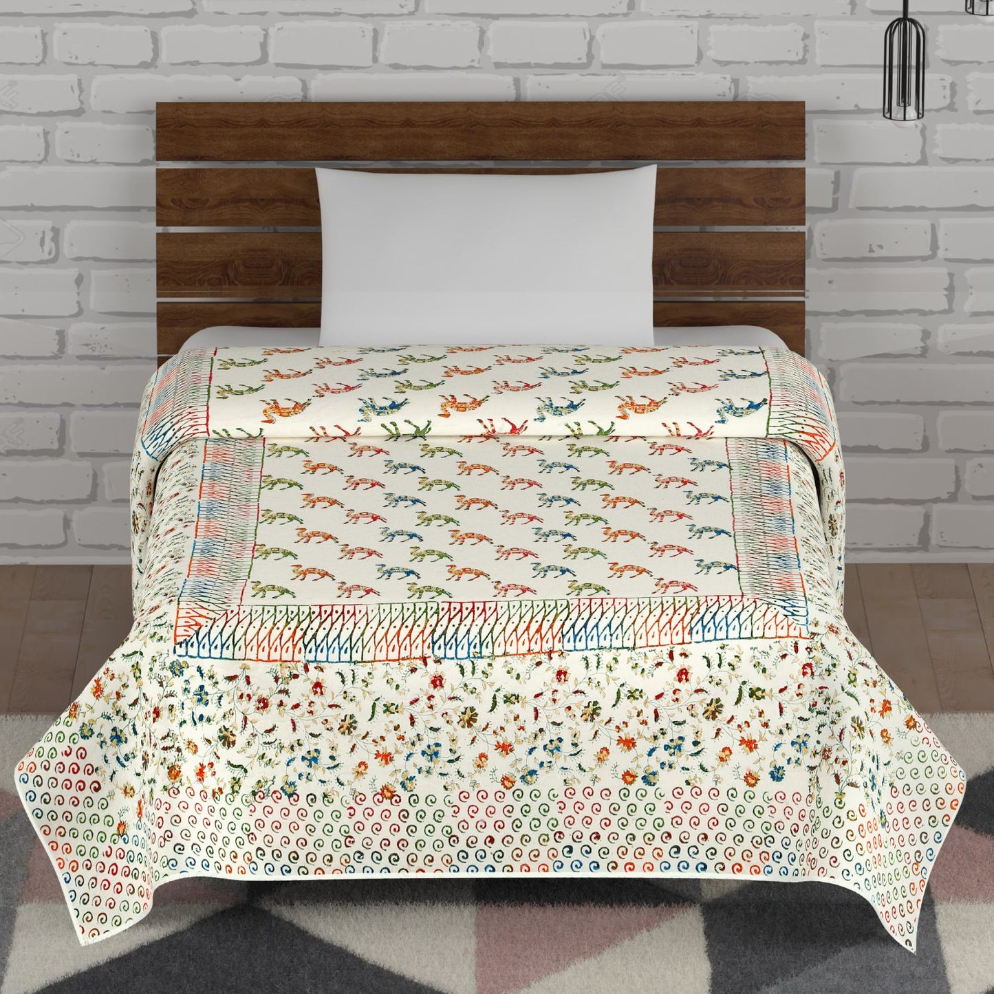 Multicolour Gold Camel Hand Block Print Cotton Mulmul Single Bed AC Comforter