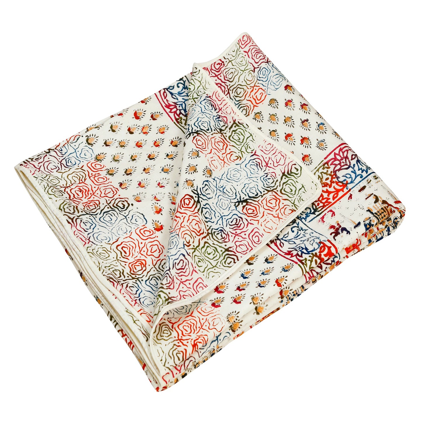 Multicolour Gold Printed Maharaja Baraat Hand Block Print Cotton Mulmul Single Bed AC Dohar