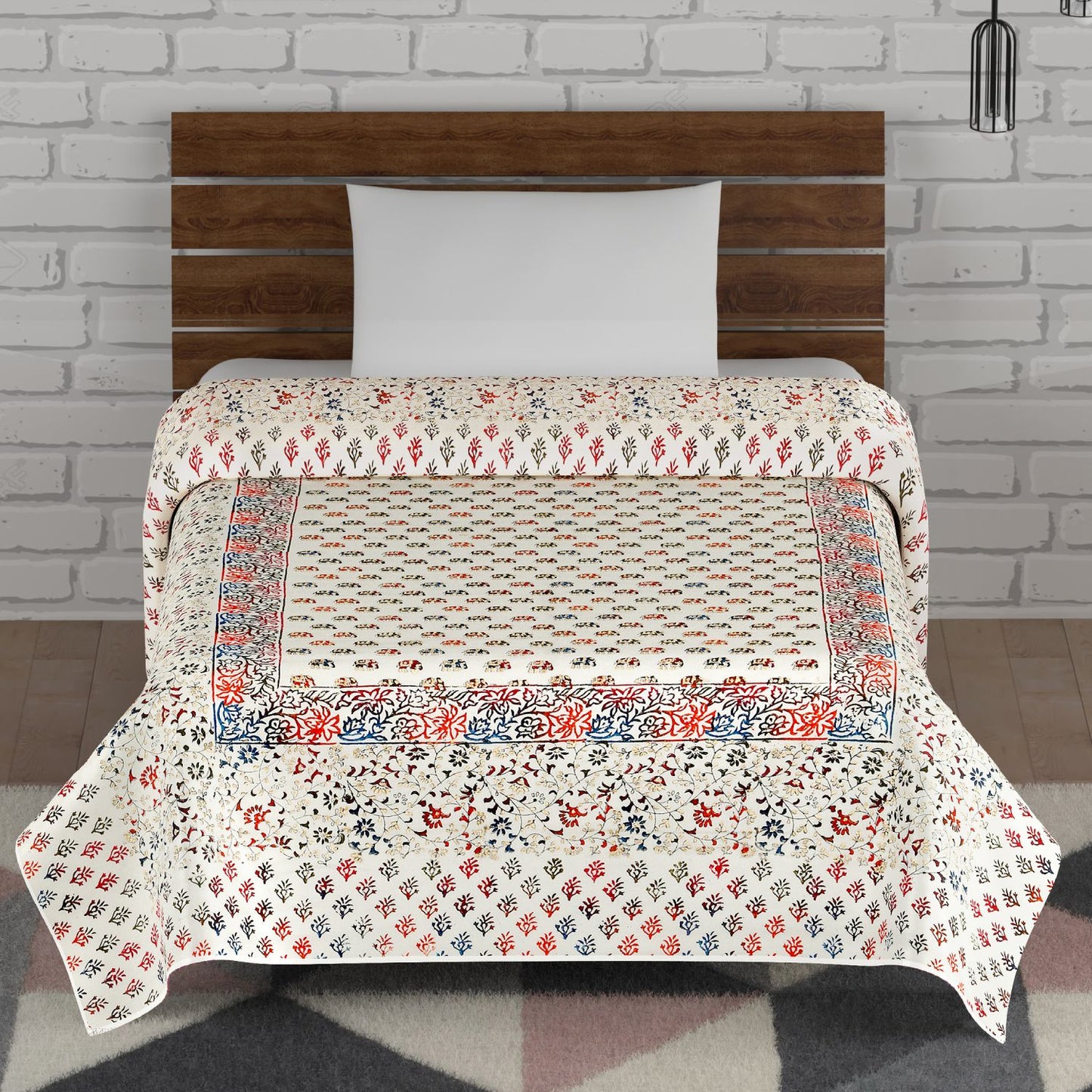 Multicolour Gold Elephant Hand Block Print Cotton Mulmul single Bed AC Dohar