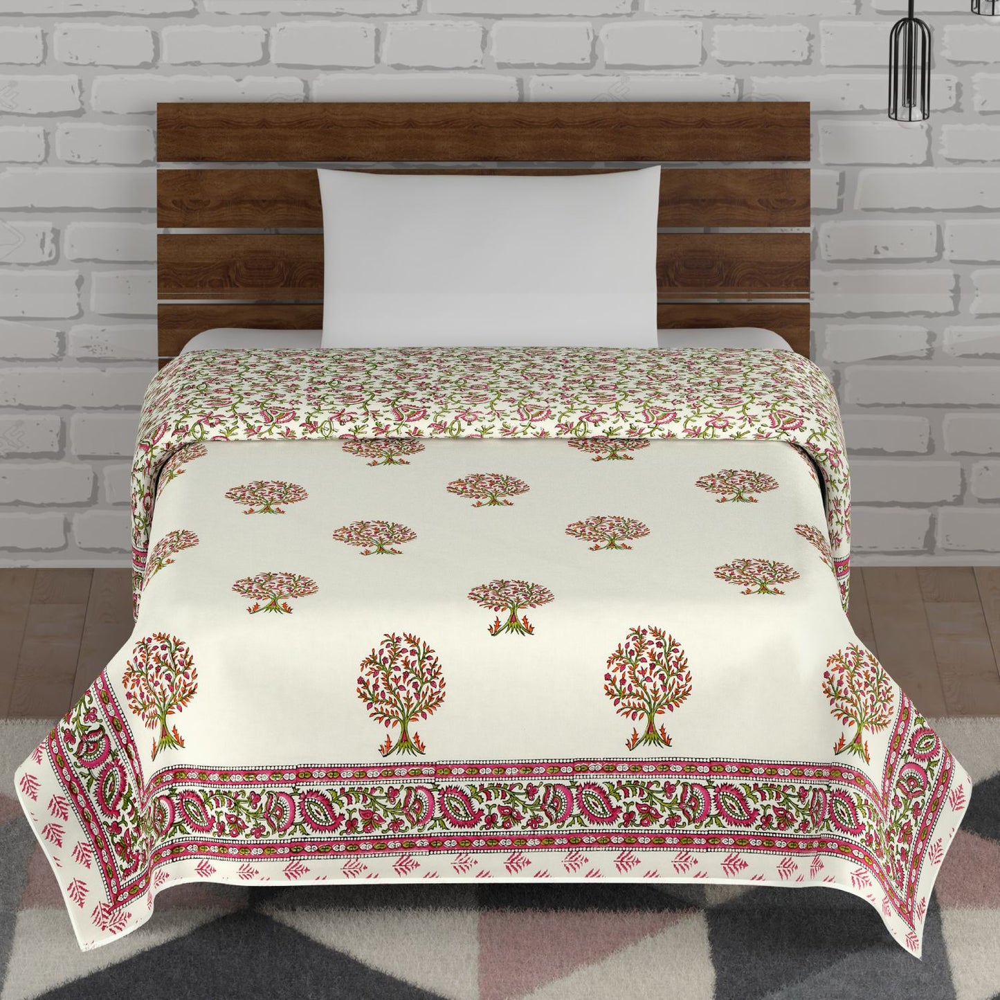Pink and Green Tree Motif Hand Block Printed Single Bed AC Dohar