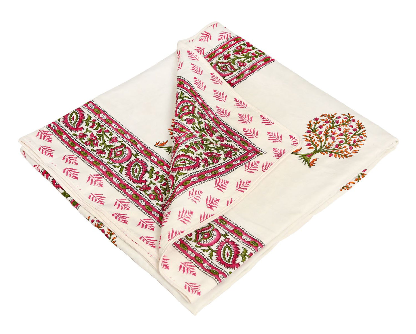 Pink and Green Tree Motif Hand Block Printed Single Bed AC Dohar
