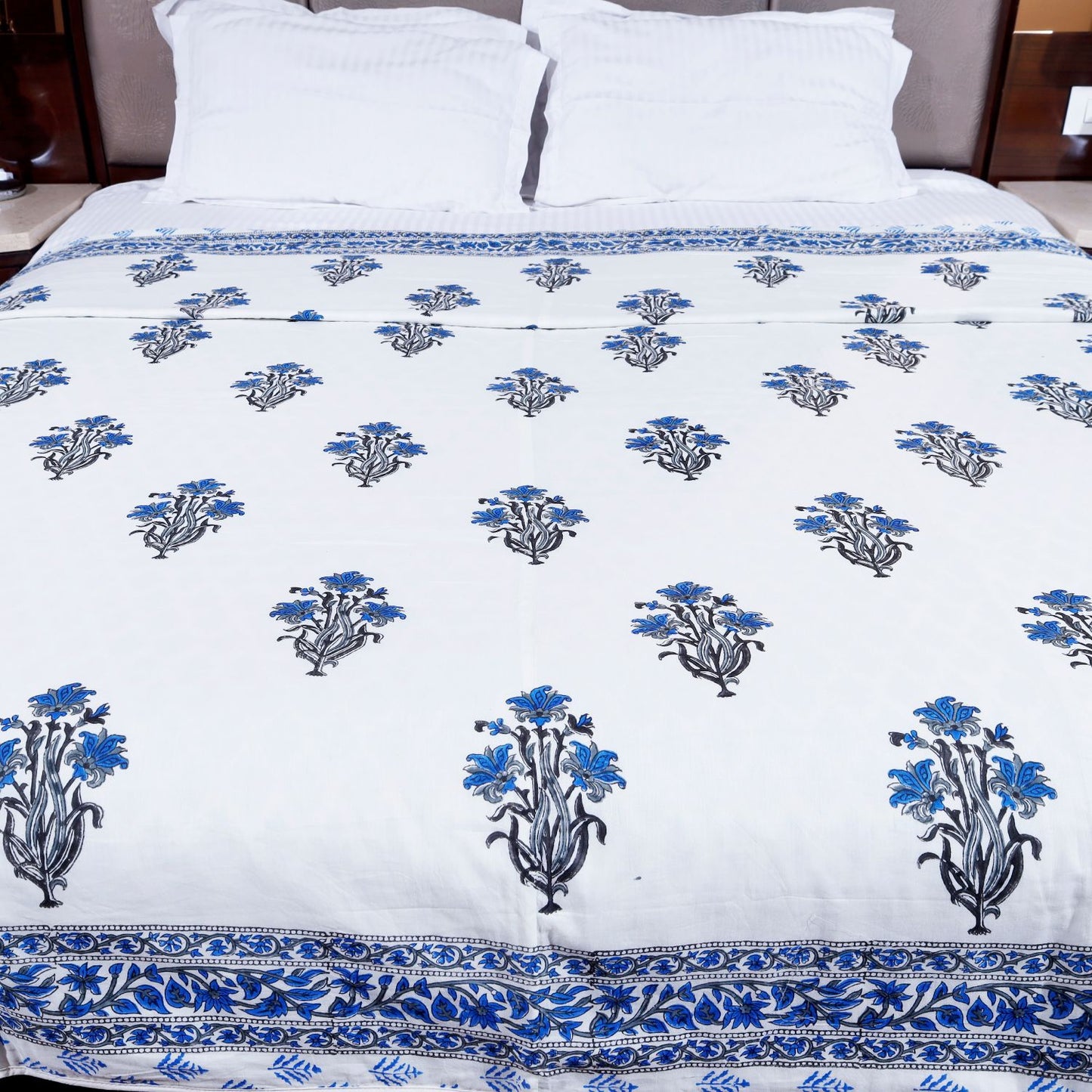 Blue and Grey Mughal Floral Motif Hand Block Printed Double Bed AC Dohar