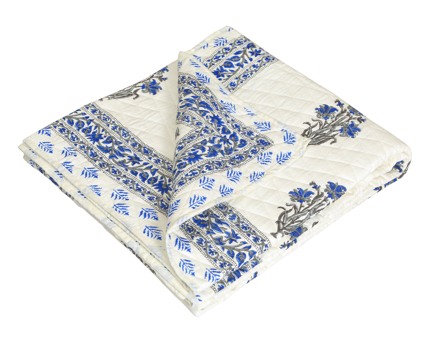 Blue and Grey Mughal Floral Motif Hand Block Printed Single Bed AC Comforter