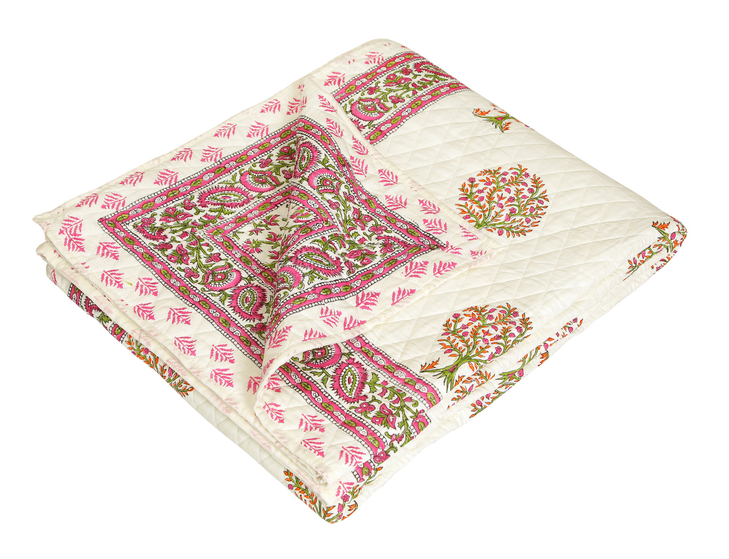 Pink and Green Tree Motif Hand Block Printed Single Bed AC Comforter