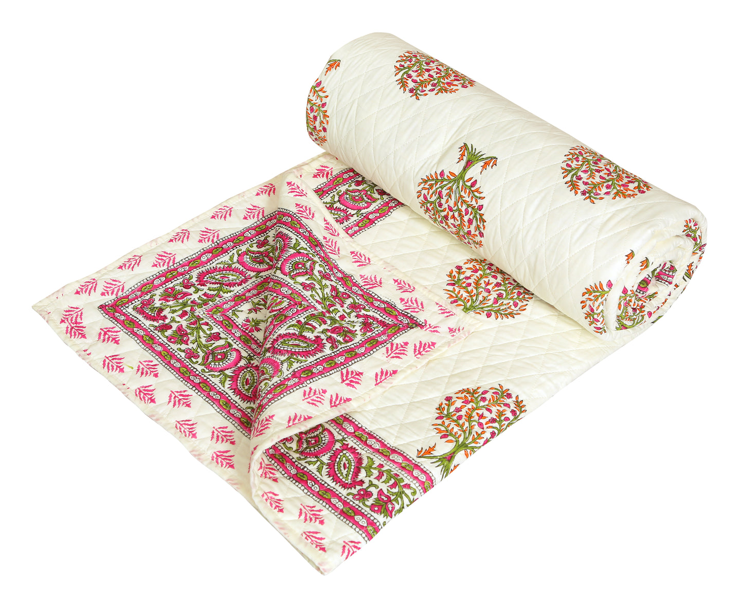 Pink and Green Tree Motif Hand Block Printed Single Bed AC Comforter