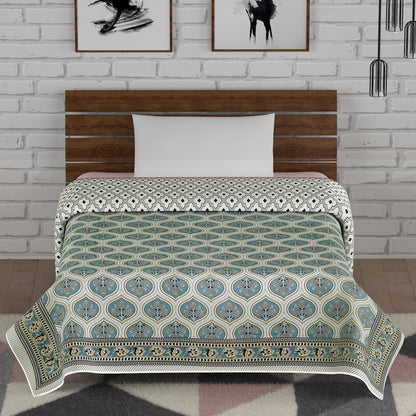 Greyish Blue and Beige Pineapple Motif Seamless Pattern Hand Screen Print Single Bed AC Dohar