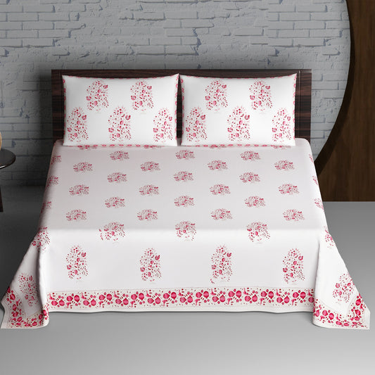 Pink Pomegranate Plant Motif Hand Block Printed Cotton King Size Bedsheet