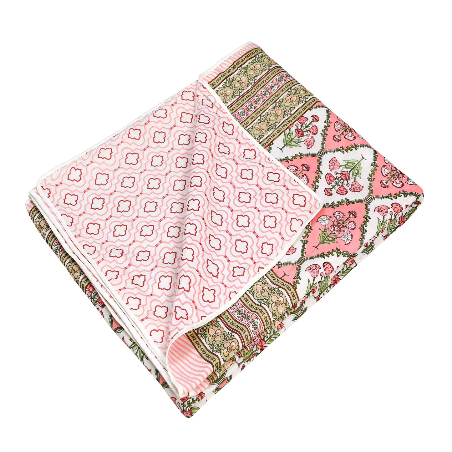 Pink and White Poppy Plant Motif Hand Screen Printed Cotton Double bed AC Dohar