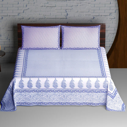 Indigo Blue and White Traditional Bootie Print Cotton Double Bedsheet