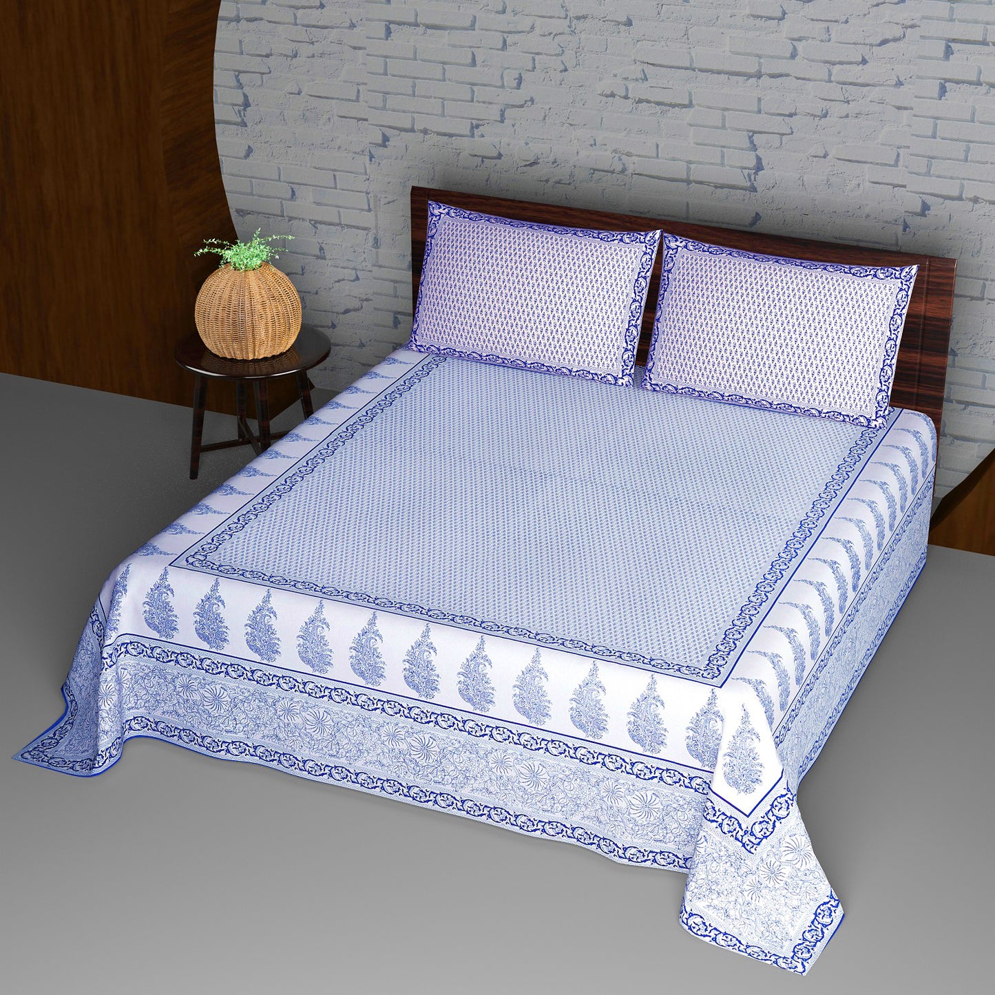 Indigo Blue and White Traditional Bootie Print Cotton Double Bedsheet