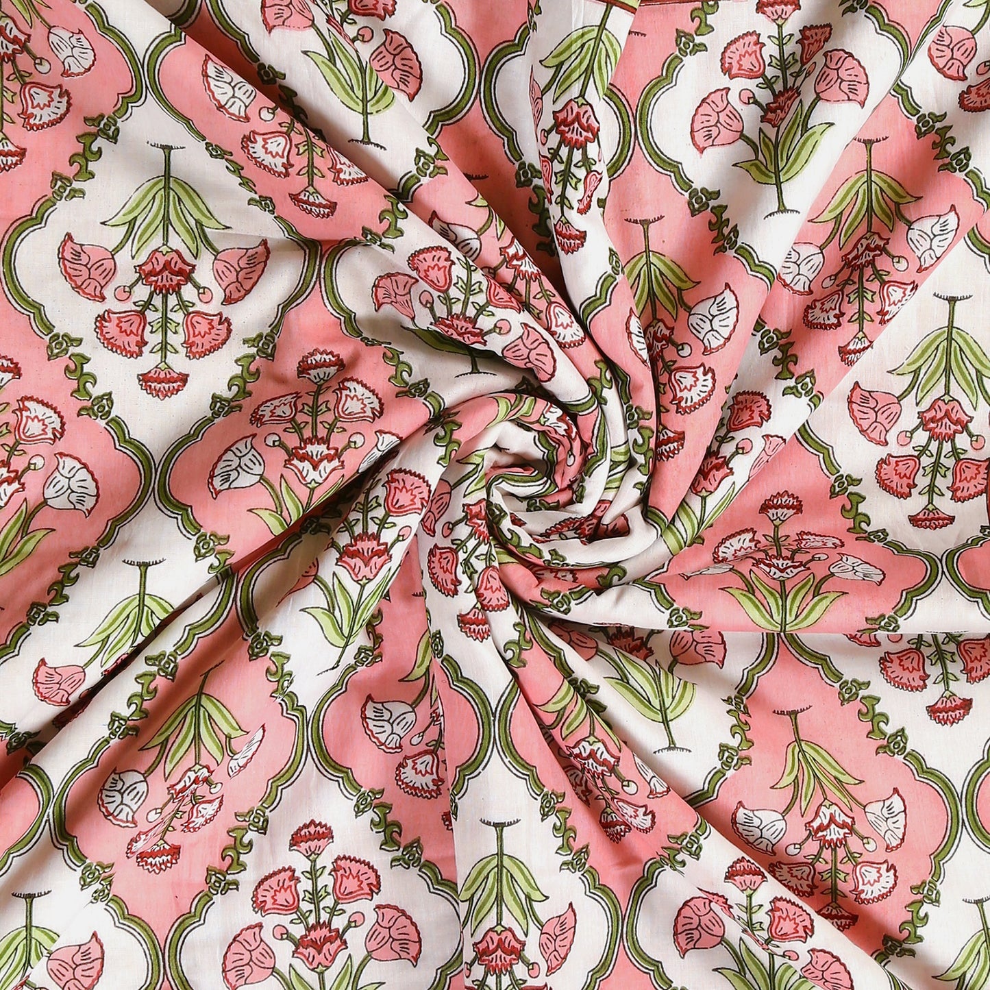 Pink and White Poppy Plant Motif Hand Screen Printed Cotton Double bed AC Dohar