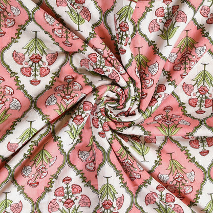 Pink and White Poppy Plant Motif Hand Screen Printed Cotton Double bed AC Dohar