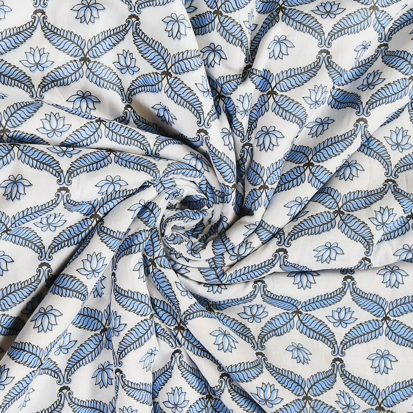 White and Blue Jasmine Flower and Palm Tree Hand Screen Printed Cotton Double Bed AC Dohar