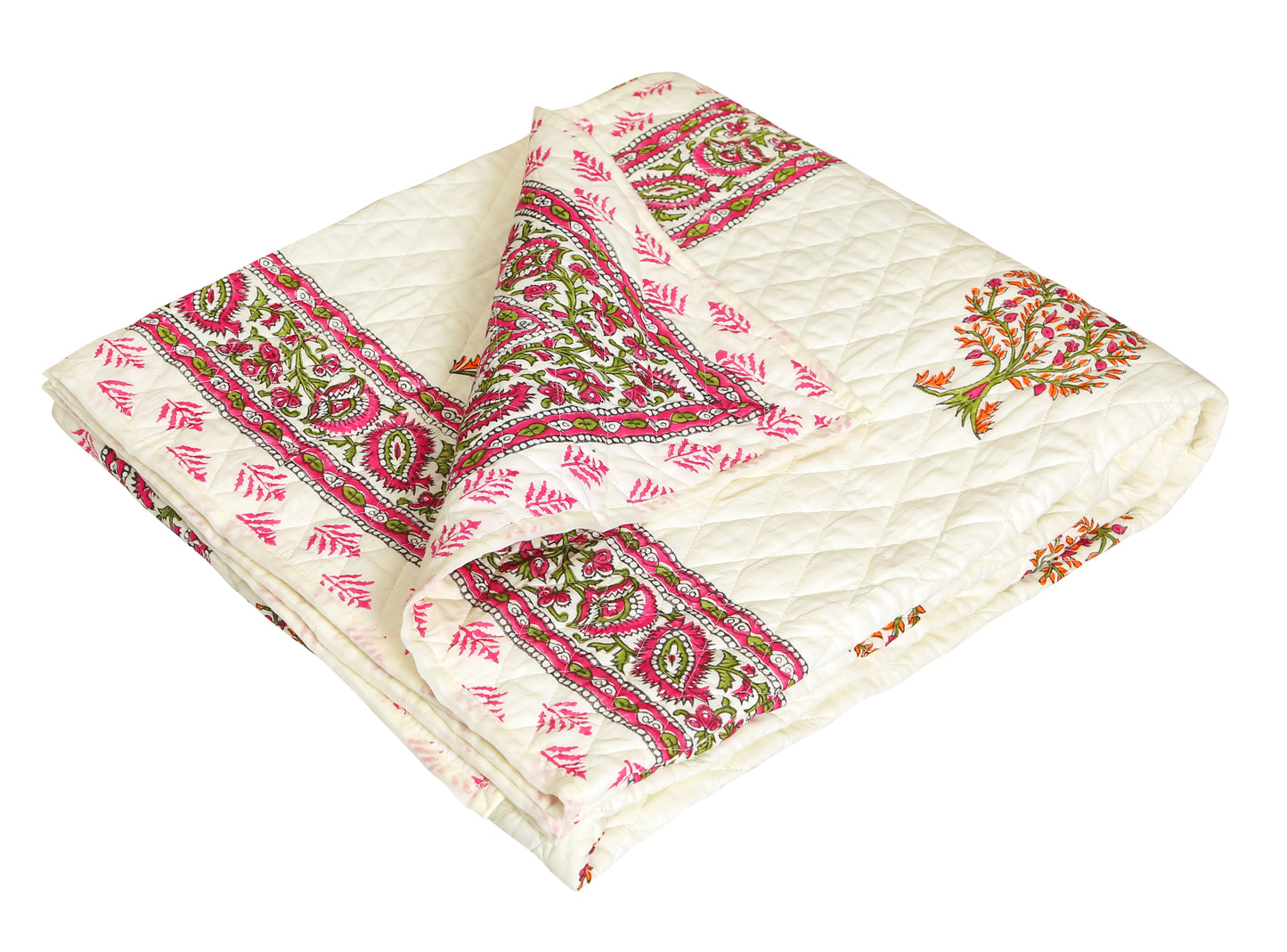 Pink and Green Tree Motif Hand Block Printed Double Bed AC Comforter