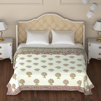 Pink and Green Tree Motif Hand Block Printed Double Bed AC Comforter