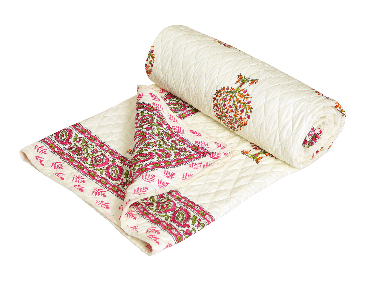 Pink and Green Tree Motif Hand Block Printed Double Bed AC Comforter