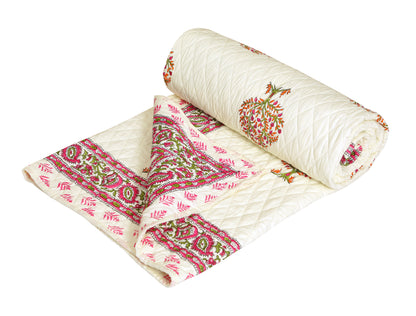 Pink and Green Tree Motif Hand Block Printed Double Bed AC Comforter