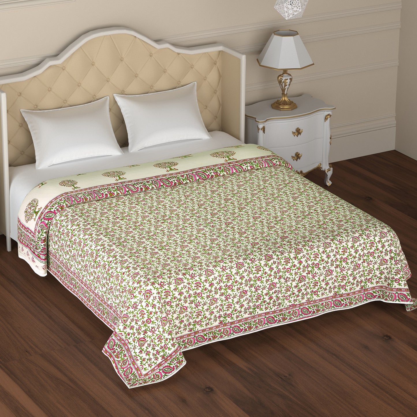 Pink and Green Tree Motif Hand Block Printed Double Bed AC Comforter